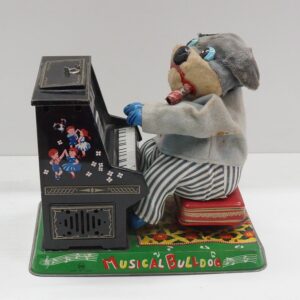 Musical Bulldog che suona il Pianoforte. Marusan San Japan 1950's in latta Giocattolo Vintage Parzialmente Funzionante