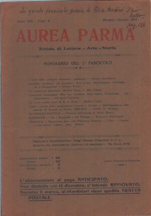 Rivista Aurea Parma - Anno VIII Fascicolo 3 - Maggio Giugno 1924 ed. Unione Tipografica Parmense
